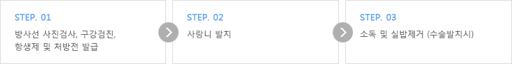 발치 과정: 방사선 사진검사와 구강검진, 처방, 사랑니 발치, 소독 및 수술발치 시 실밥 제거